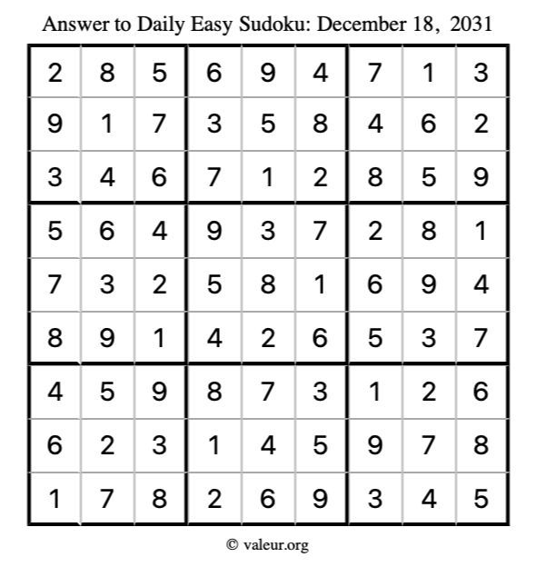 Answer to easy sudoku December 18, 2031