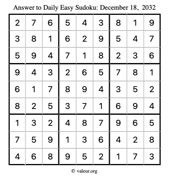 Answer to easy sudoku December 18, 2032