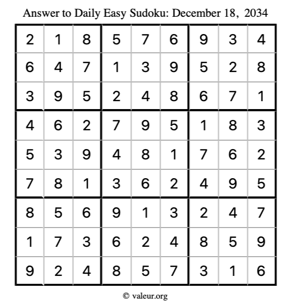 Answer to easy sudoku December 18, 2034