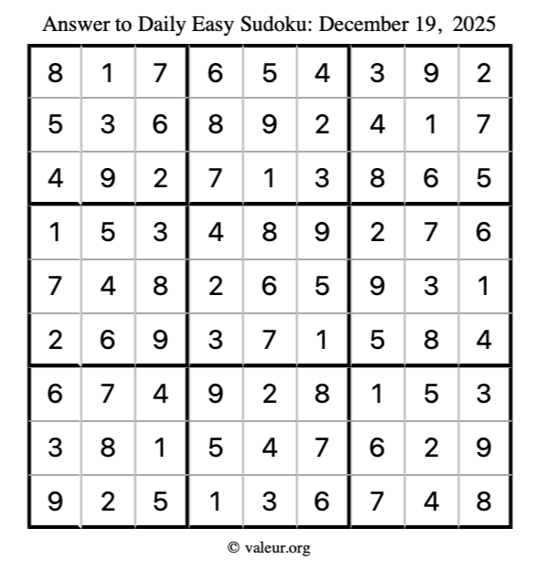 Answer to easy sudoku December 19, 2025