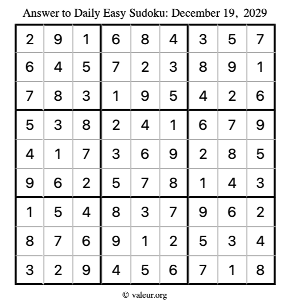 Answer to easy sudoku December 19, 2029