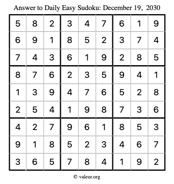 Answer to easy sudoku December 19, 2030