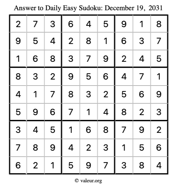 Answer to easy sudoku December 19, 2031