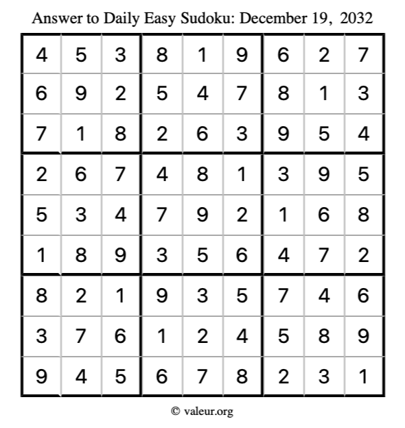 Answer to easy sudoku December 19, 2032