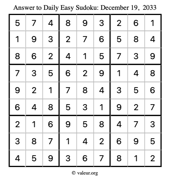 Answer to easy sudoku December 19, 2033