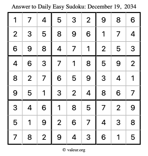 Answer to easy sudoku December 19, 2034