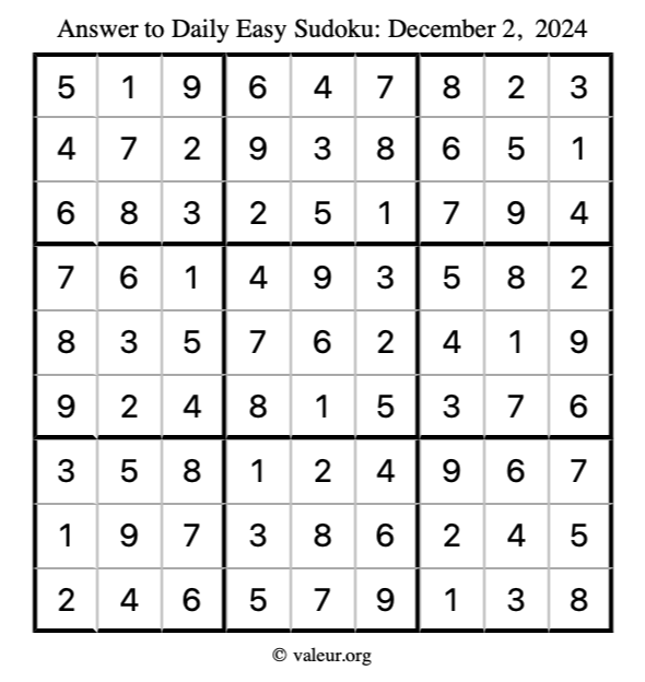 Answer to easy sudoku December 2, 2024