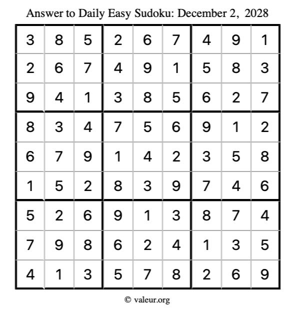 Answer to easy sudoku December 2, 2028
