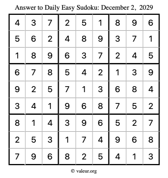 Answer to easy sudoku December 2, 2029