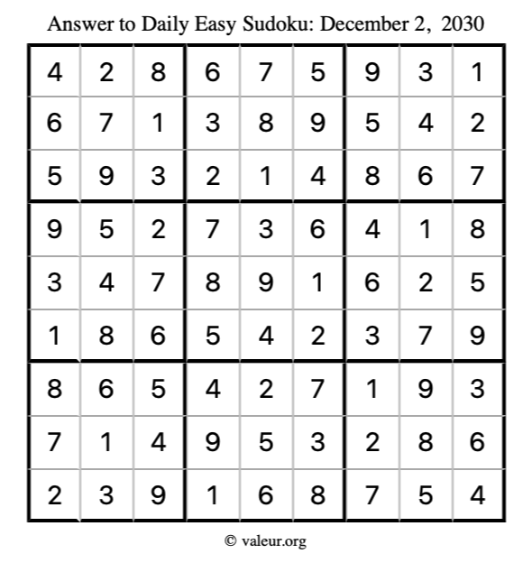 Answer to easy sudoku December 2, 2030