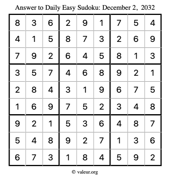 Answer to easy sudoku December 2, 2032