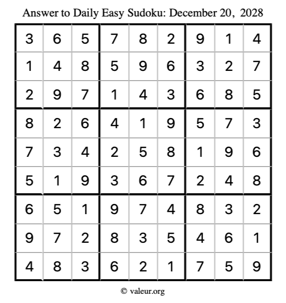 Answer to easy sudoku December 20, 2028