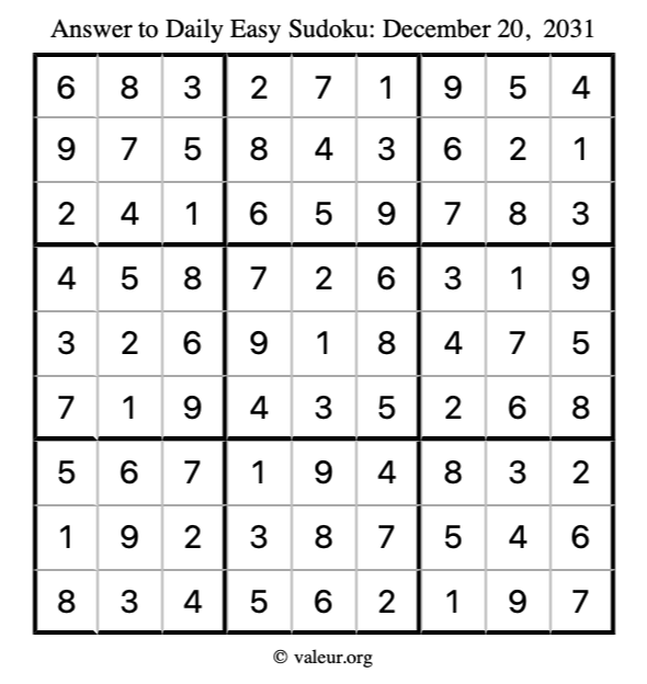 Answer to easy sudoku December 20, 2031