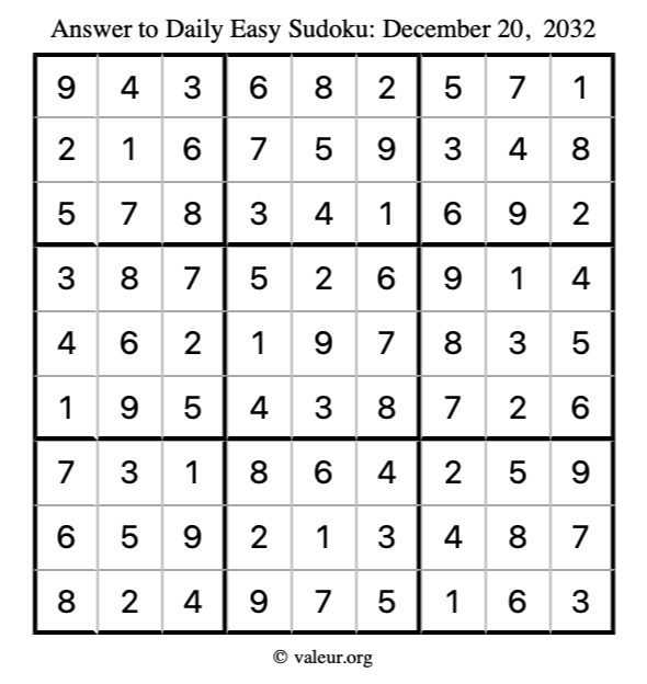 Answer to easy sudoku December 20, 2032