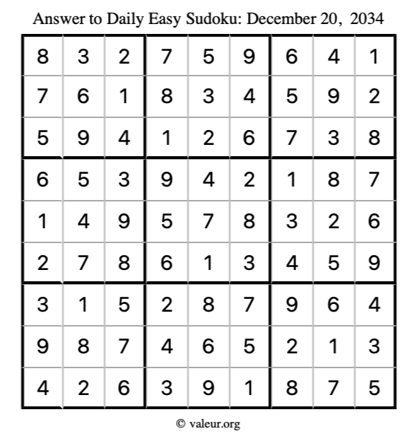 Answer to easy sudoku December 20, 2034