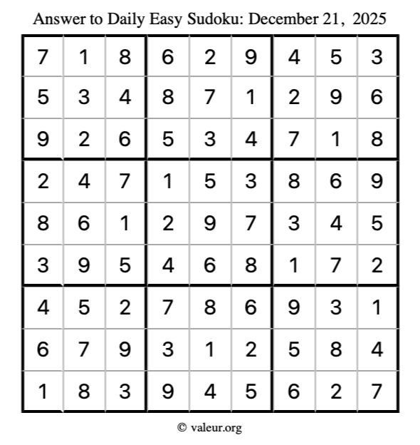 Answer to easy sudoku December 21, 2025