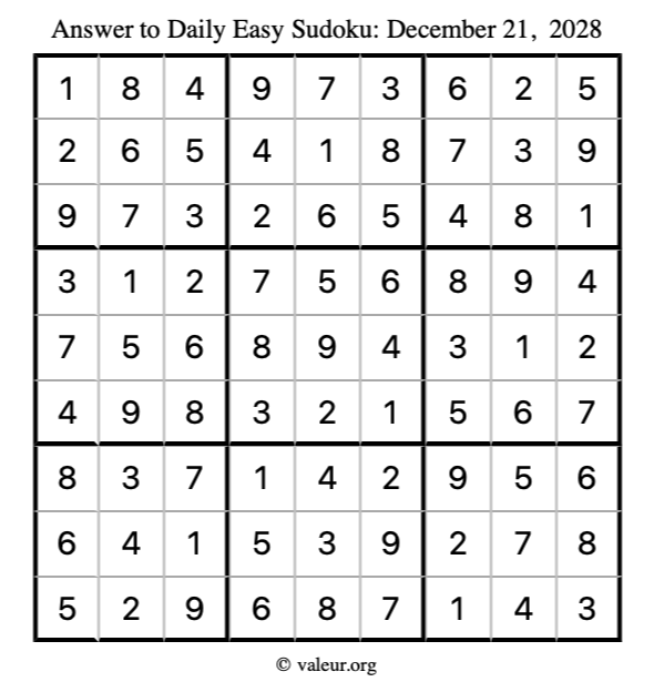 Answer to easy sudoku December 21, 2028
