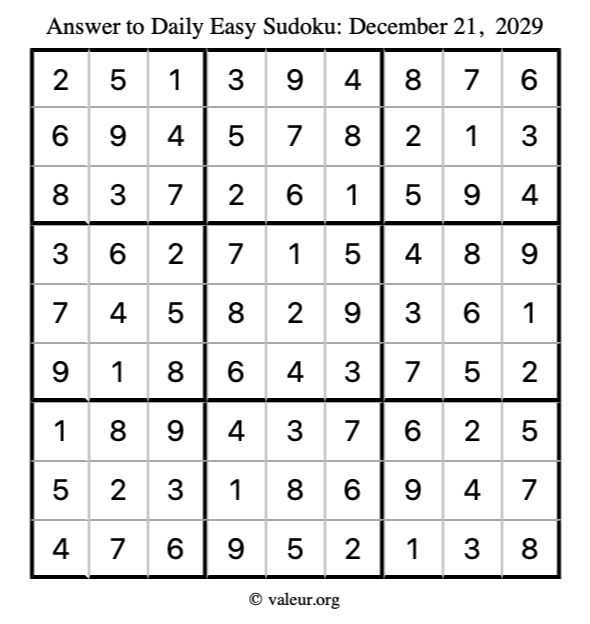 Answer to easy sudoku December 21, 2029