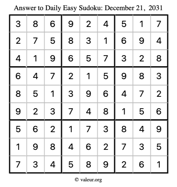 Answer to easy sudoku December 21, 2031