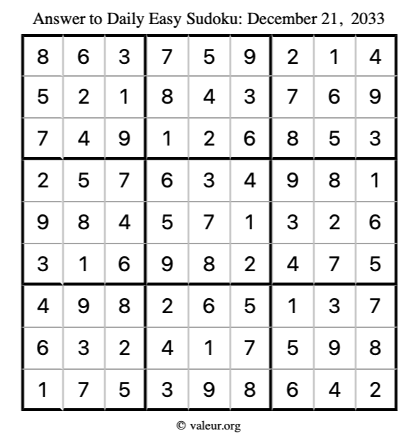 Answer to easy sudoku December 21, 2033