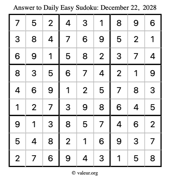 Answer to easy sudoku December 22, 2028