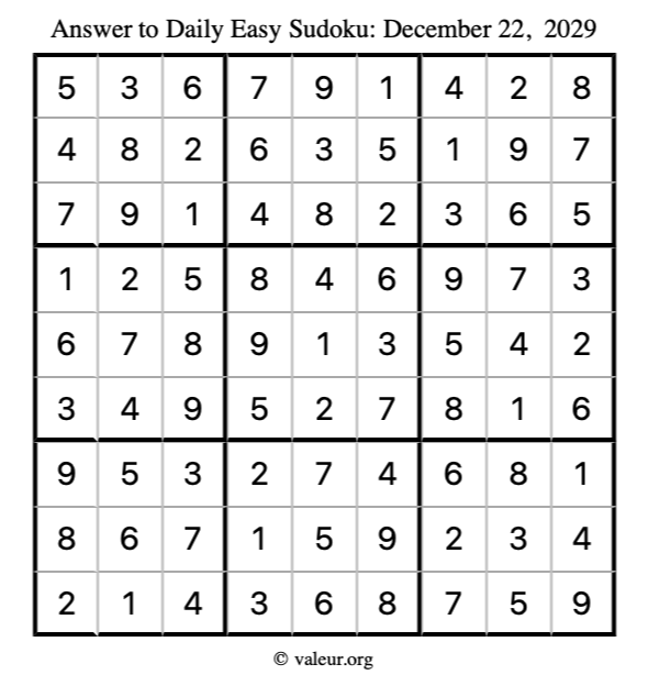 Answer to easy sudoku December 22, 2029