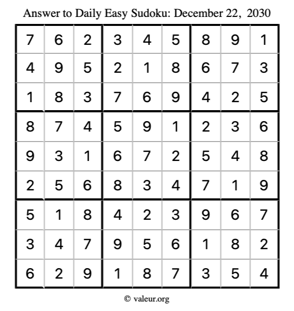 Answer to easy sudoku December 22, 2030