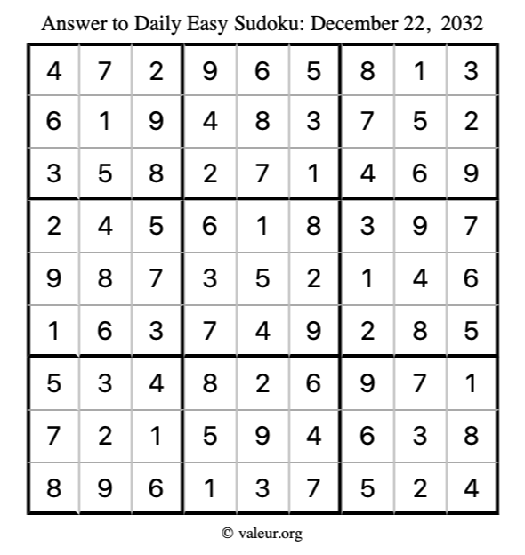 Answer to easy sudoku December 22, 2032