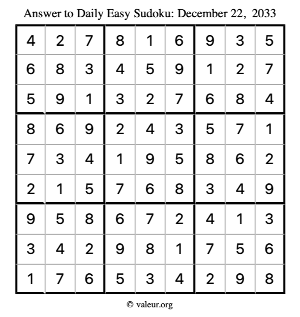 Answer to easy sudoku December 22, 2033