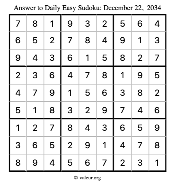 Answer to easy sudoku December 22, 2034