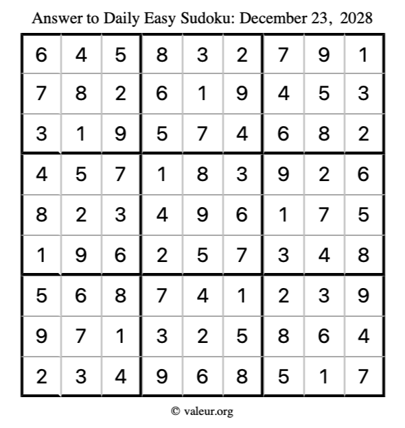 Answer to easy sudoku December 23, 2028