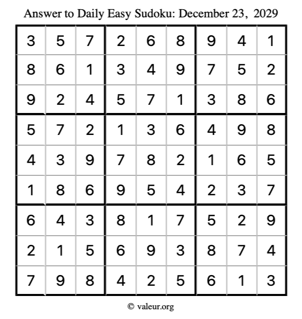 Answer to easy sudoku December 23, 2029