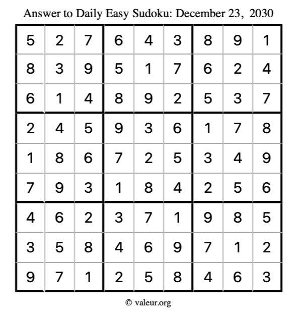 Answer to easy sudoku December 23, 2030