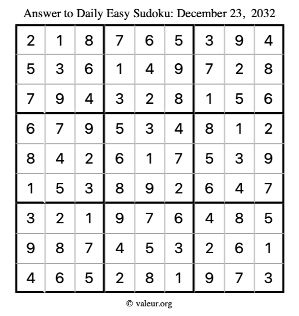 Answer to easy sudoku December 23, 2032