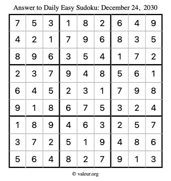 Answer to easy sudoku December 24, 2030