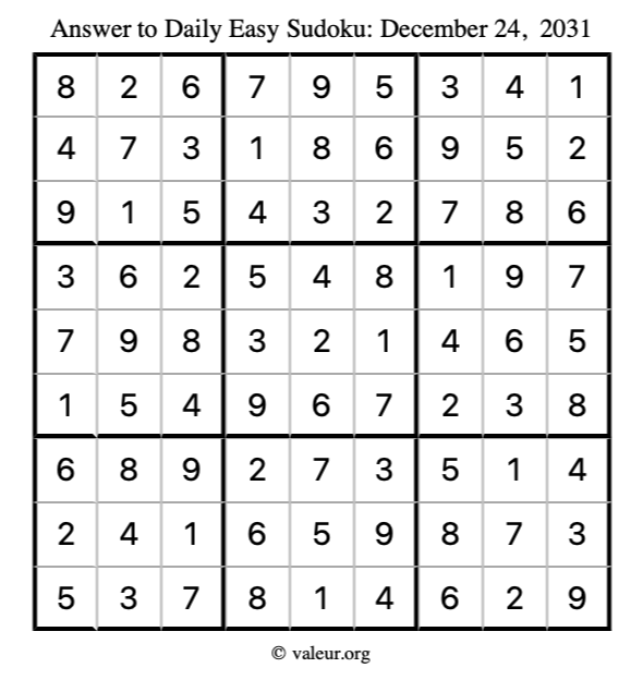 Answer to easy sudoku December 24, 2031