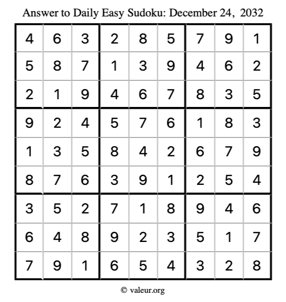 Answer to easy sudoku December 24, 2032