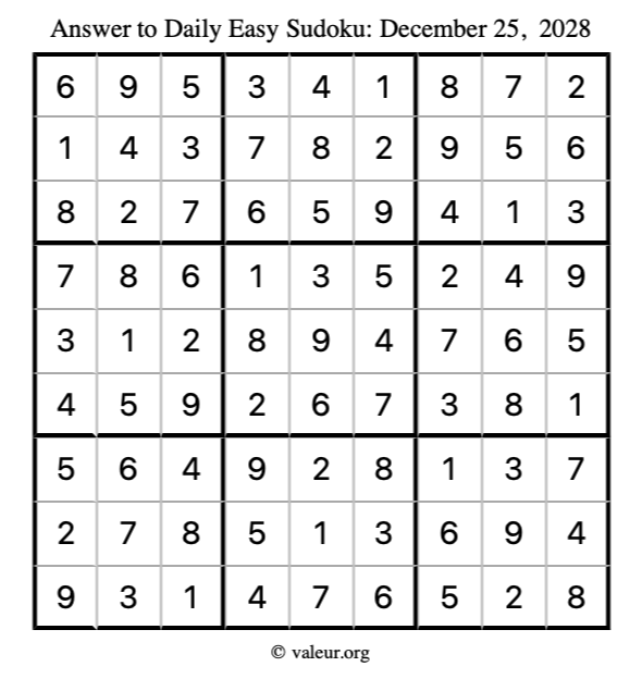 Answer to easy sudoku December 25, 2028