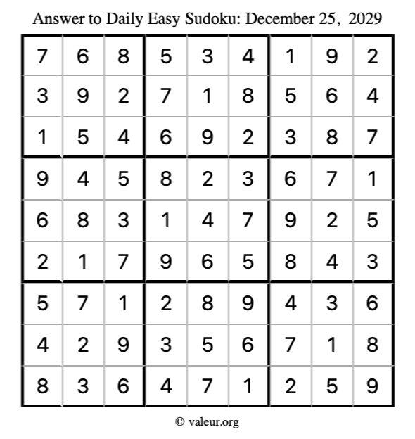 Answer to easy sudoku December 25, 2029
