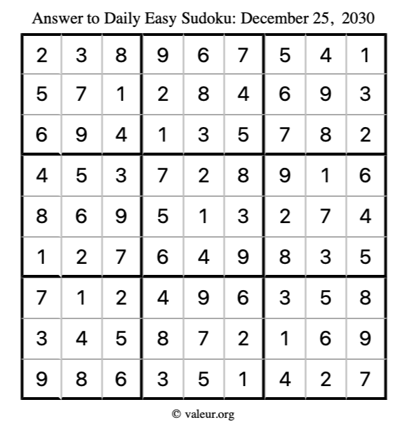 Answer to easy sudoku December 25, 2030