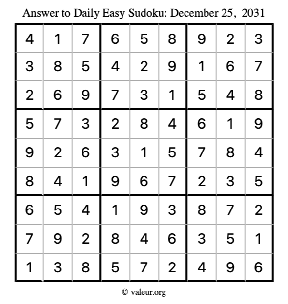 Answer to easy sudoku December 25, 2031
