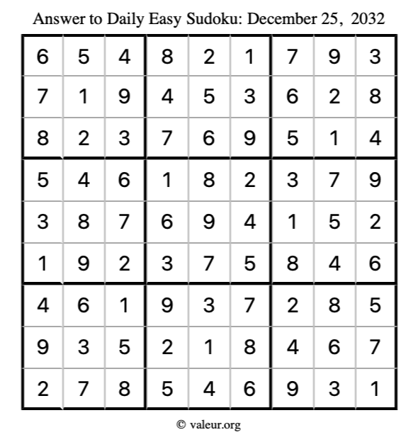 Answer to easy sudoku December 25, 2032
