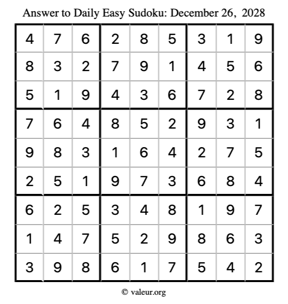 Answer to easy sudoku December 26, 2028