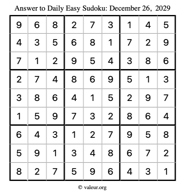 Answer to easy sudoku December 26, 2029