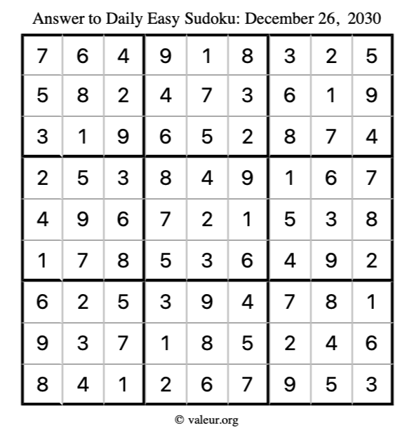 Answer to easy sudoku December 26, 2030