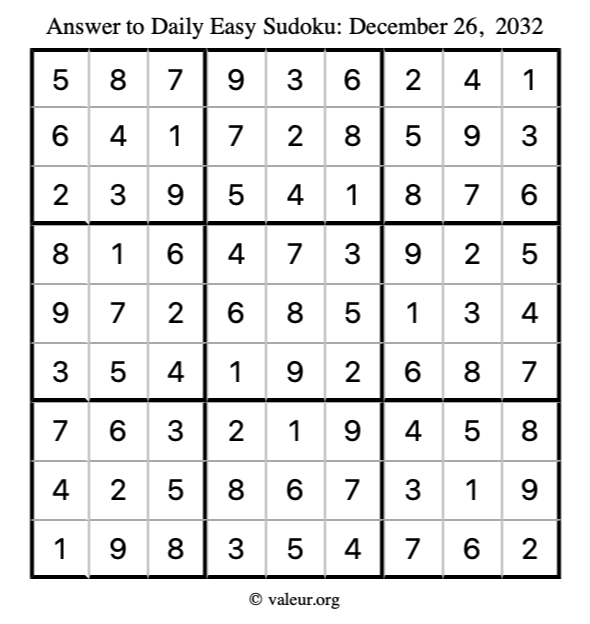 Answer to easy sudoku December 26, 2032