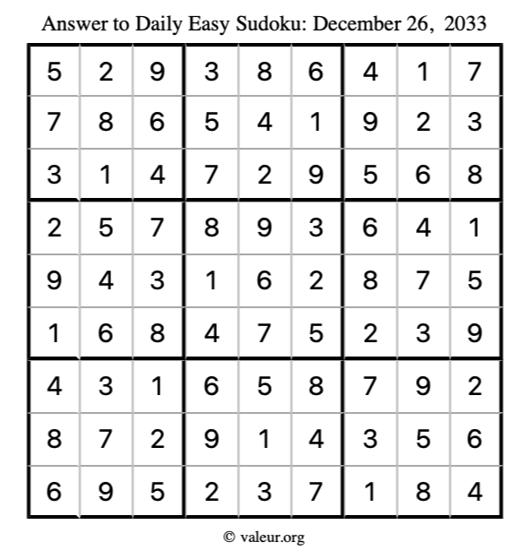 Answer to easy sudoku December 26, 2033
