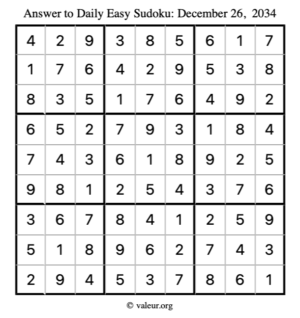 Answer to easy sudoku December 26, 2034