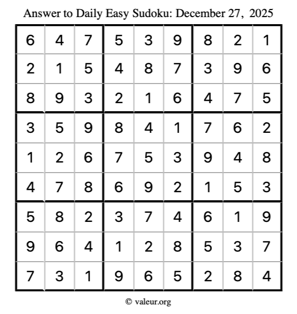 Answer to easy sudoku December 27, 2025