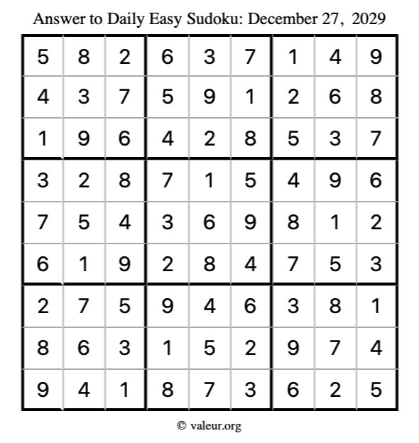 Answer to easy sudoku December 27, 2029